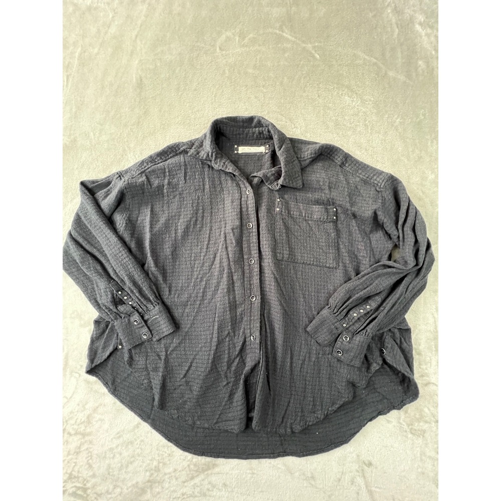 We The Free Button Down Shirt Women XS Black Oversized Long Sleeve Gauze Pocket